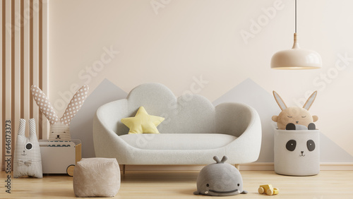 Mockup wall in the children's room with sofa on wall cream color background.