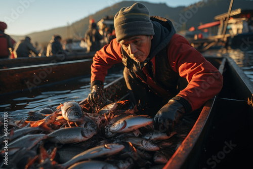 A fishing community practices sustainable fishing methods, recognizing the significance of responsible practices in maintaining ocean health. Generative AI.
