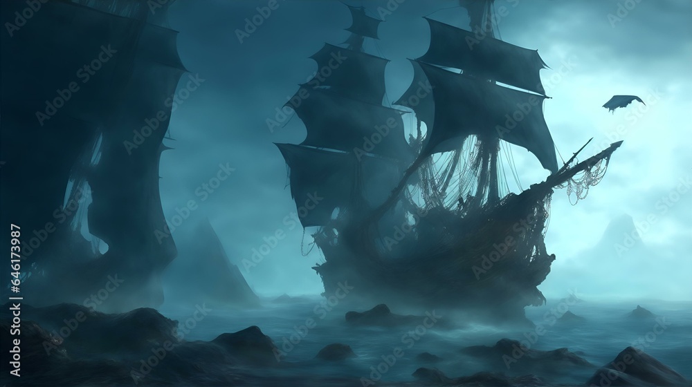 Fototapeta premium 海賊船、幽霊船、背景｜pirate ship, ghost ship, background. Generative AI