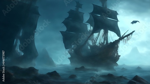 海賊船、幽霊船、背景｜pirate ship, ghost ship, background. Generative AI photo
