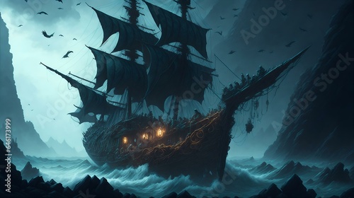 海賊船、幽霊船、背景｜pirate ship, ghost ship, background. Generative AI