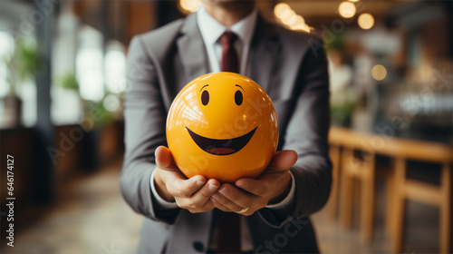 Homem de negócios segurando um emoji sorridente criado por IA