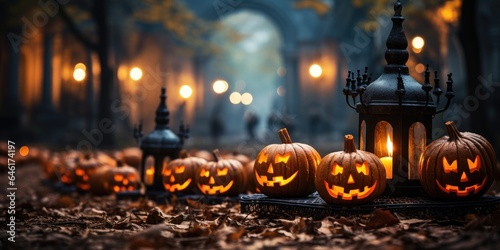 Halloween Wooden empty table in front of blurred A Pumpkin On Table In Spooky Landscape, with a haunted evil glowing eyes of jack o lantern