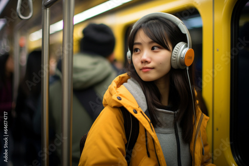 Teen listening to music on headphones while traveling.