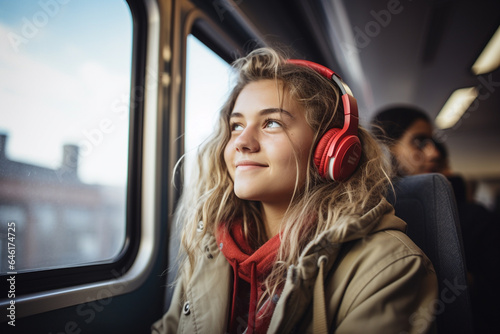 Teen listening to  music on headphones while traveling. © Jeff Whyte