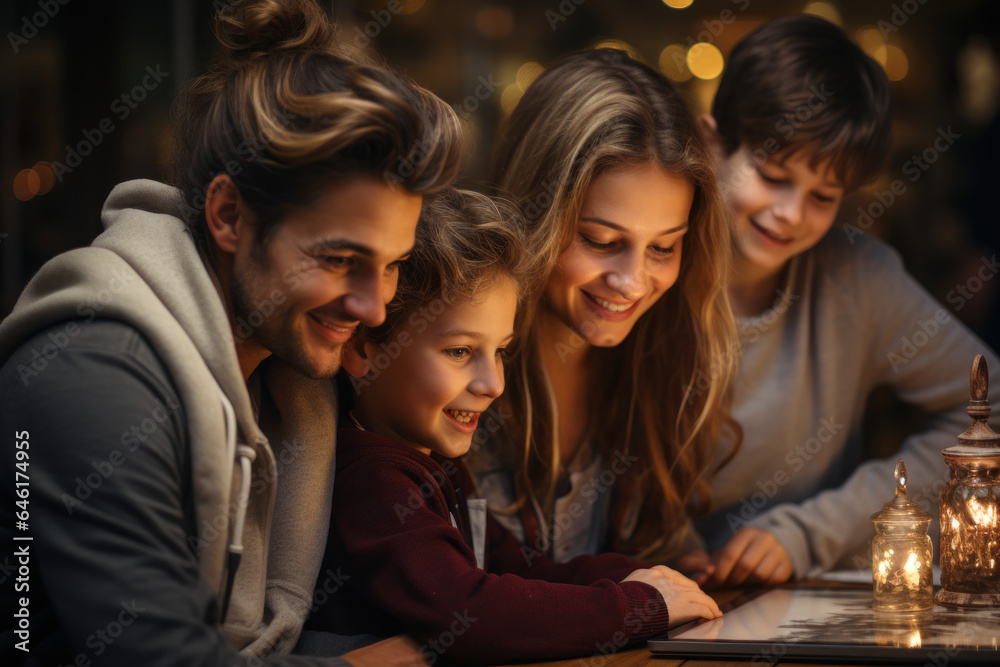 Fototapeta premium A family gathers around a laptop, participating in a virtual history lesson as part of their homeschooling curriculum. Generative AI.