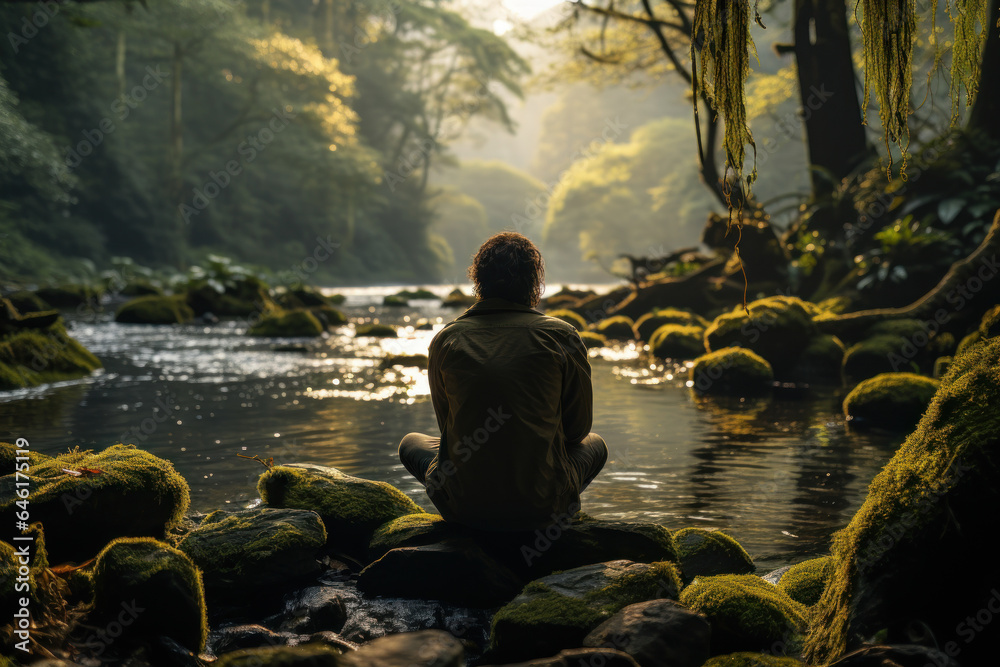 A person takes a moment to listen to the soothing sounds of a forest stream, embracing the tranquility and auditory sensations. Generative AI.