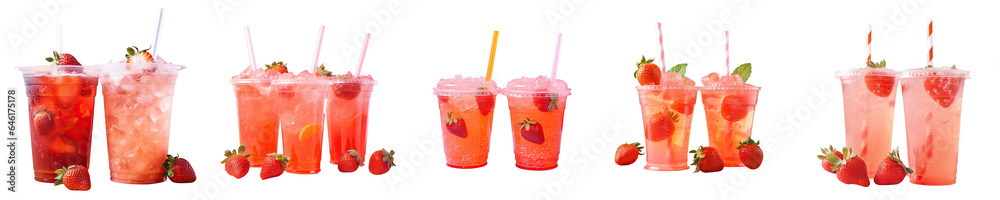Png Set Strawberry soda served in plastic cups transparent background Png Set Strawberry soda served in plastic cups transparent background