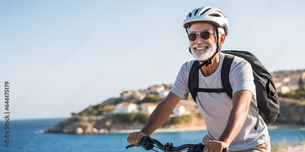 Senior athletic man with electric bicycle in outdoors excursion at sea wearing helmet enjoying freedom, authentic healthy retirement lifestyle Senior athletic man with electric bicycle in outdoors excursion at sea wearing helmet enjoying freedom, authentic healthy retirement lifestyle