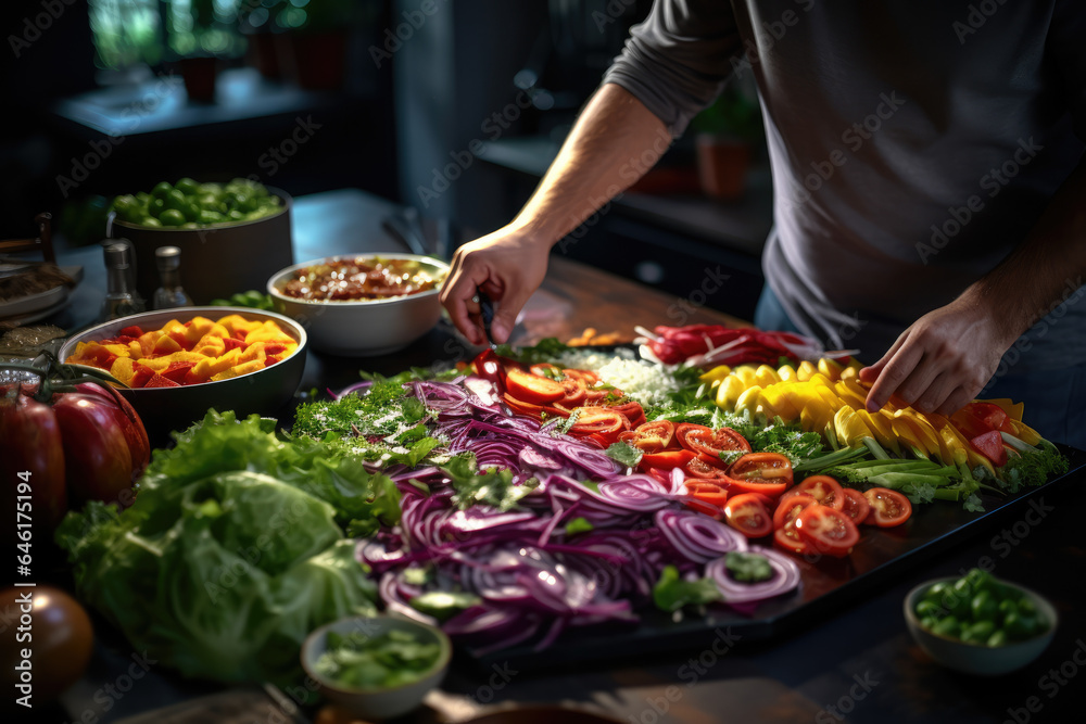 A person preparing a colorful salad with fresh vegetables and leafy greens, promoting the importance of a balanced diet. Generative Ai.