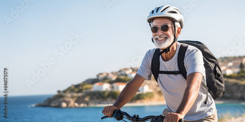 Senior athletic man with electric bicycle in outdoors excursion at sea wearing helmet enjoying freedom, authentic healthy retirement lifestyle