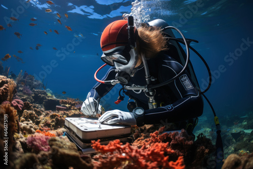 A marine biologist conducts a coral reef survey, contributing to conservation efforts that safeguard the rich biodiversity of ocean ecosystems. Generative AI. © Sebastian