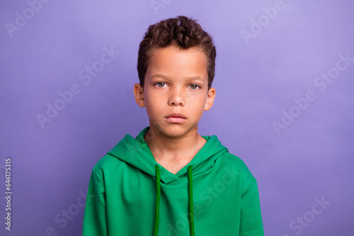 Photo of charming attractive small boy wear green sweatshirt smiling isolated violet color background