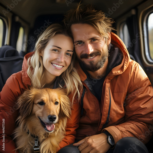 Happy couple on road trip with their dog