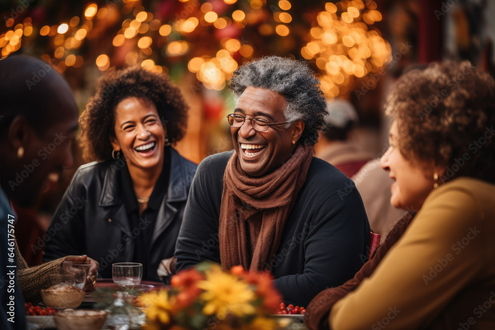 A group of friends and family members sharing stories and laughter during a Thanksgiving storytelling session. Generative Ai. A group of friends and family members sharing stories and laughter during a Thanksgiving storytelling session. Generative Ai.