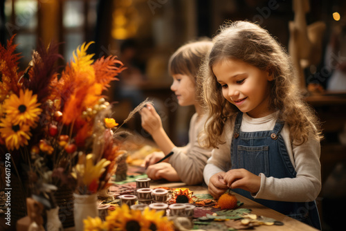 Children excitedly preparing homemade crafts to decorate the Thanksgiving table. Generative Ai.