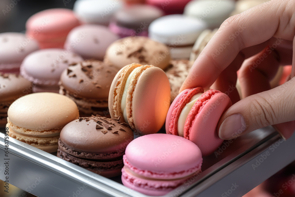 Fototapeta premium A close-up of a person's hand arranging a display of macarons in various flavors and colors. Generative Ai.