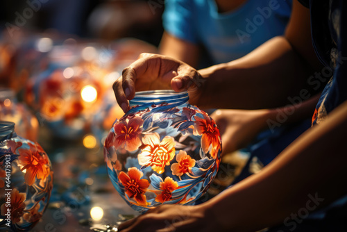 A close-up of a person's hand crafting intricate paper lanterns for a Bastille Day lantern parade. Generative Ai.