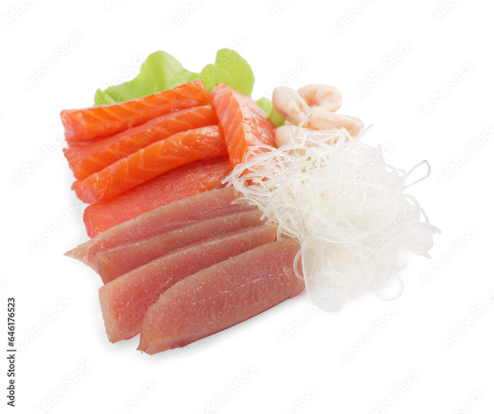 Delicious sashimi set of salmon, shrimps and tuna served with funchosa and lettuce isolated on white Delicious sashimi set of salmon, shrimps and tuna served with funchosa and lettuce isolated on white