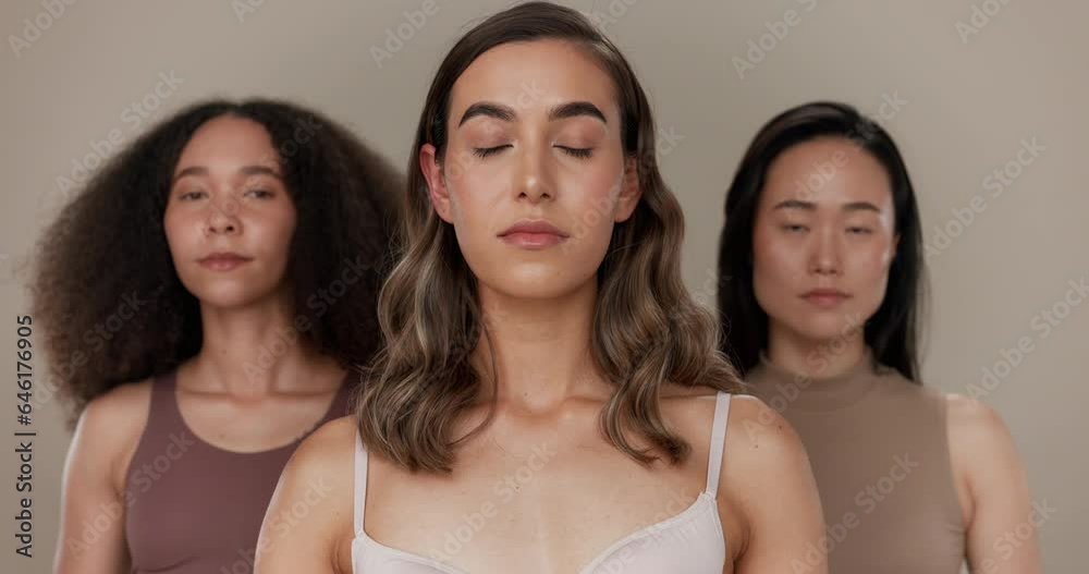 Diversity, beauty and women, portrait and skincare with wellness, dermatology or natural glow on studio background. Different skin, unique and inclusion with model group in studio, cosmetics and face Diversity, beauty and women, portrait and skincare with wellness, dermatology or natural glow on studio background. Different skin, unique and inclusion with model group in studio, cosmetics and face