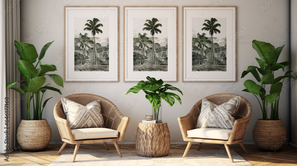 Obraz premium living room with plants, chairs and tropical print, bohemian modern interior design