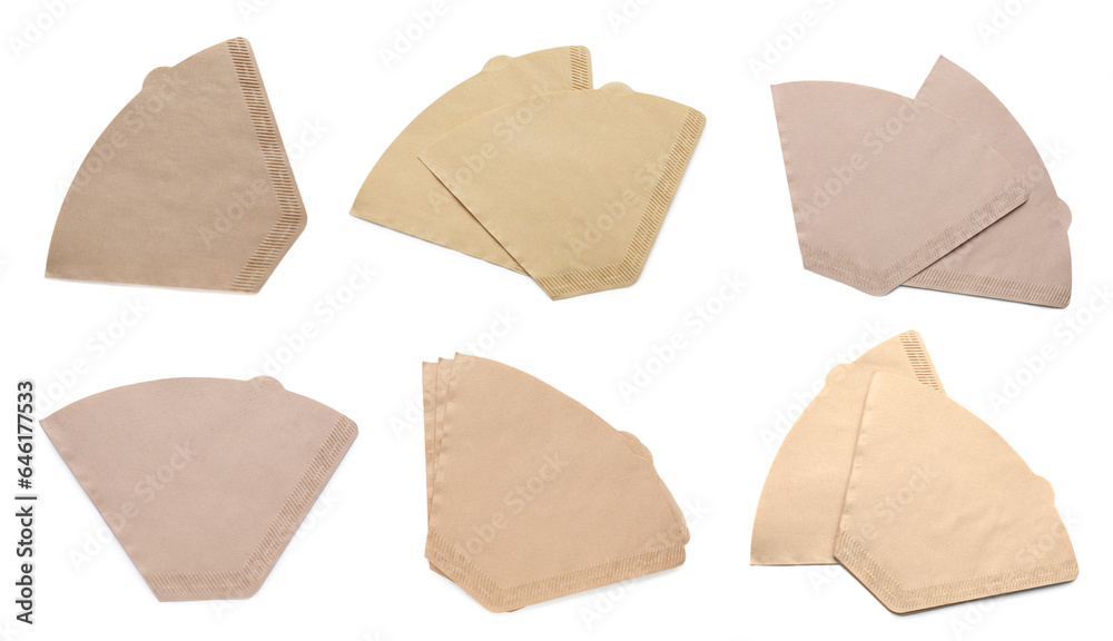 Set with new coffee filters isolated on white