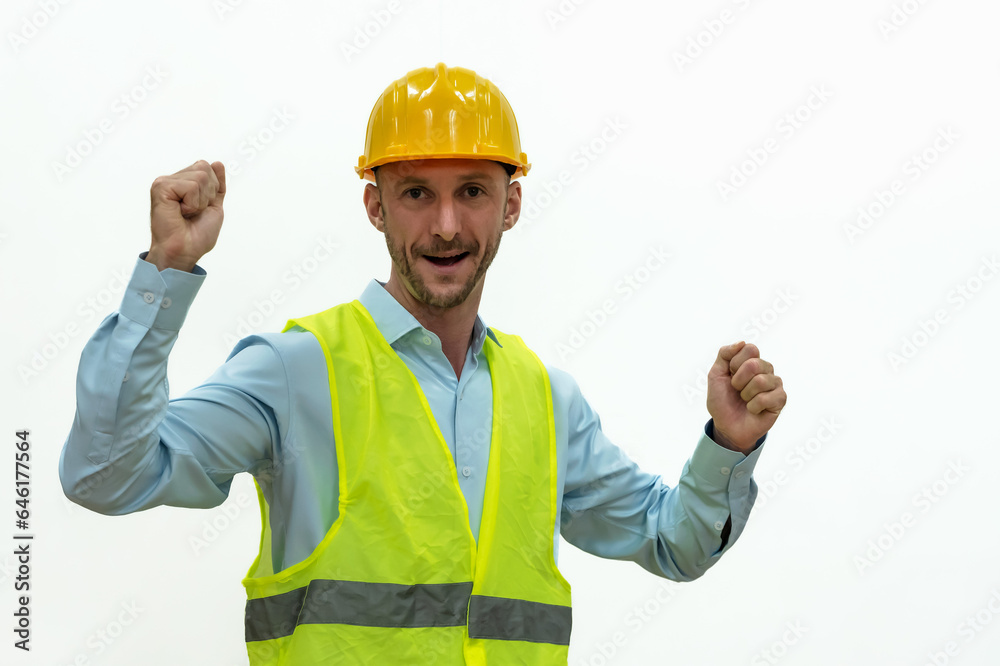 Caucasian engineer worker man feeling happy on white background