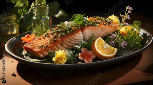 Grilled salmon with lemon and salad Generative AI