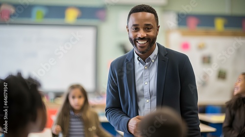 African-american male educator talking to his students in a classroom. happy man teaching elementary school children. generative AI