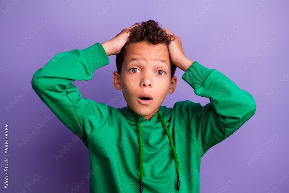Photo of shocked surprised small boy wear green sweatshirt arms head open mouth isolated violet color background Photo of shocked surprised small boy wear green sweatshirt arms head open mouth isolated violet color background