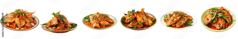 Png Set Thai fish dish with red curry paste Chu Chee Pla served on a transparent background with path Png Set Thai fish dish with red curry paste Chu Chee Pla served on a transparent background with path