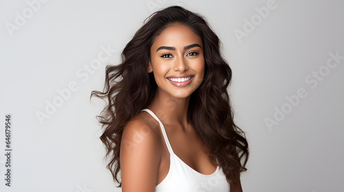 a smiling Asian Indian model woman, her teeth gleaming, in a pristine portrait for a dental advertisement, white Background, portrait of an Asian Indian model woman
