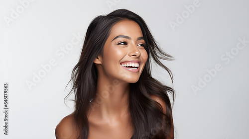 portrait of a smiling Asian Indian model woman, a smiling Asian Indian model woman, her teeth gleaming, in a pristine portrait for a dental advertisement, white Background