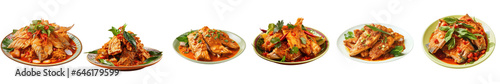 Png Set Thai fish dish with red curry paste Chu Chee Pla served on a transparent background with path