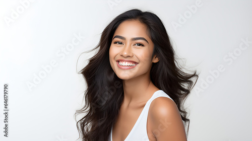 portrait of a young Asian Indian model lady  portrait  the smile of a young Asian Indian model lady with flawless teeth  perfect for a dental ad  commercial