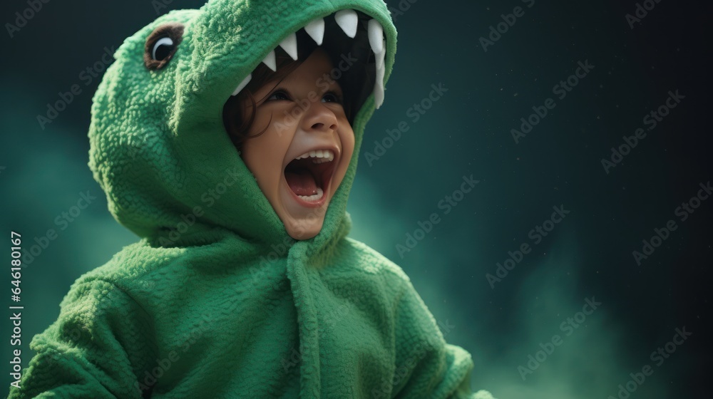 Fototapeta premium Overjoyed child in a dinosaur costume pajamas on a solid green background.