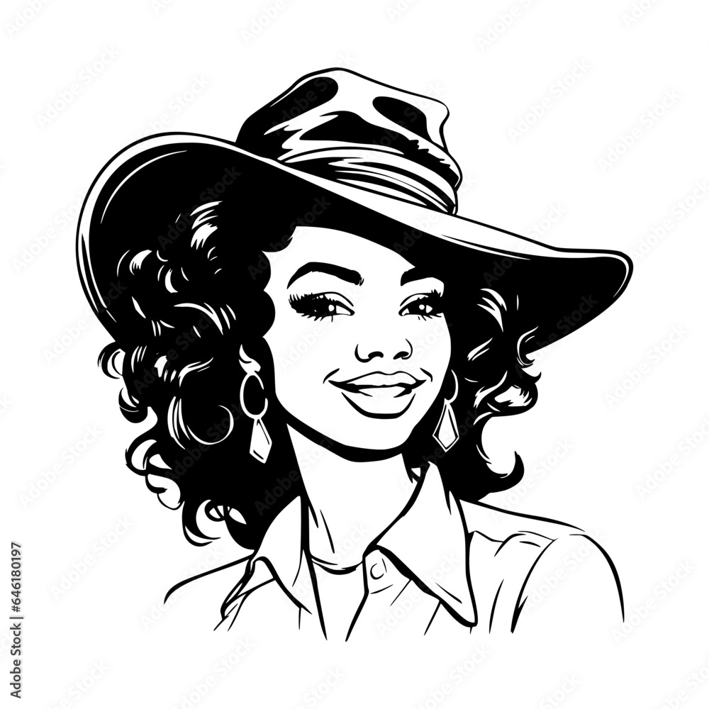 Pretty Woman Cowgirl silhouette. Black girl face. Wild west style, American western. Hand drawn cartoon style. Vector illustration isolated on white background. Pretty Woman Cowgirl silhouette. Black girl face. Wild west style, American western. Hand drawn cartoon style. Vector illustration isolated on white background.