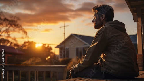 Young man sitting on a porch, enjoying a beautiful sunset.