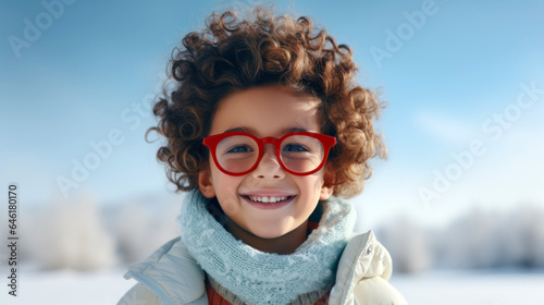 Joyful child wearing oversized red glasses on a solid light blue background.