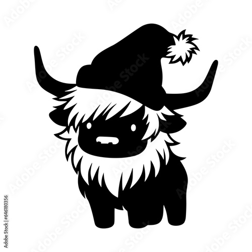 Cute Christmas Highland cow silhouette. Baby cow farm animal in santa hat. Simple black graphic. Cartoon kawaii style. Vector illustration on white isolated background.