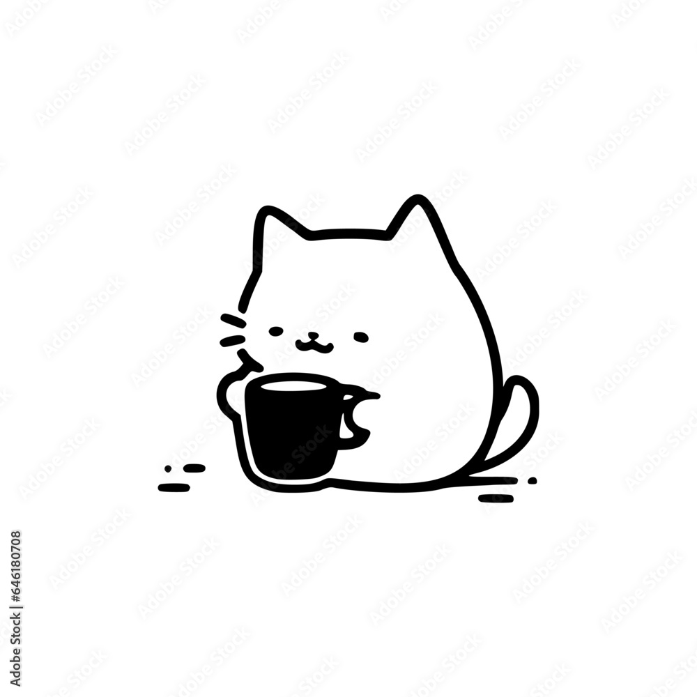 Tiny cat with hot cup. Easy drawing line work. Simple vector isolated on white background. Mini design for t-shirt, tattoo, invitation, emblem, stickers.