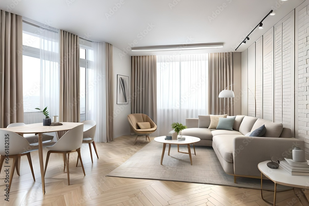 interior design spacious bright studio apartment in Scandinavian style and warm pastel white and beige colors. trendy furniture in the living area and modern details in the kitchen area. interior design spacious bright studio apartment in Scandinavian style and warm pastel white and beige colors. trendy furniture in the living area and modern details in the kitchen area.