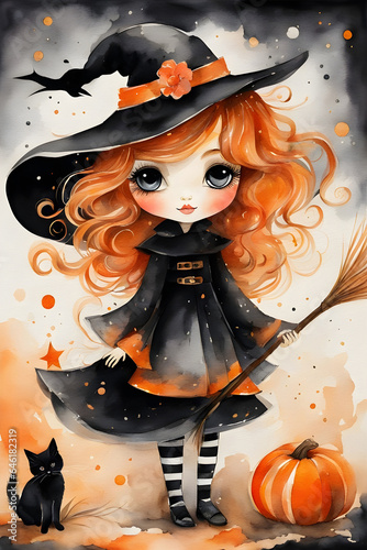painting of a cute little Halloween witch in watercolor style made with AI