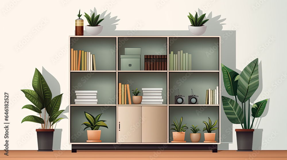 Wardrobe or shelves placed in the living room for storage purposes. Folders, potted plants, and illustrations design - obrazy, fototapety, plakaty 