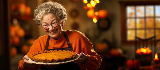 Grandmother old lady holding a pumpkin pie, copyspace, wide banner, fall autumn season, Thanksgiving holiday