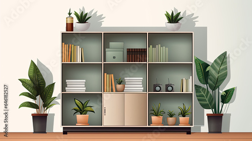 Wardrobe or shelves placed in the living room for storage purposes. Folders, potted plants, and illustrations design