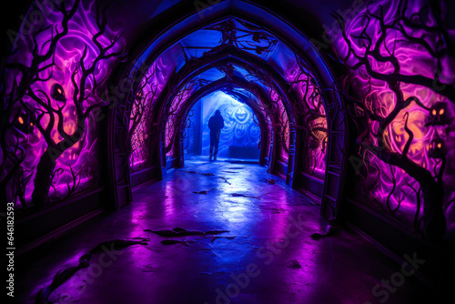 Halloween haunted house interior, indoor event, scary attraction, hallway