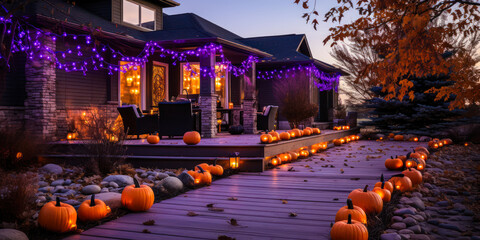 Home decorated for Halloween, pumpkins and purple string lights, wide, holiday yard decor, exterior seasonal decorations