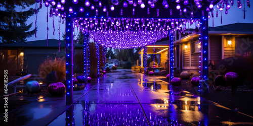 Home driveway decorated for Halloween with purple string lights, night, carport, covered walk, holiday yard decor, exterior seasonal decorations