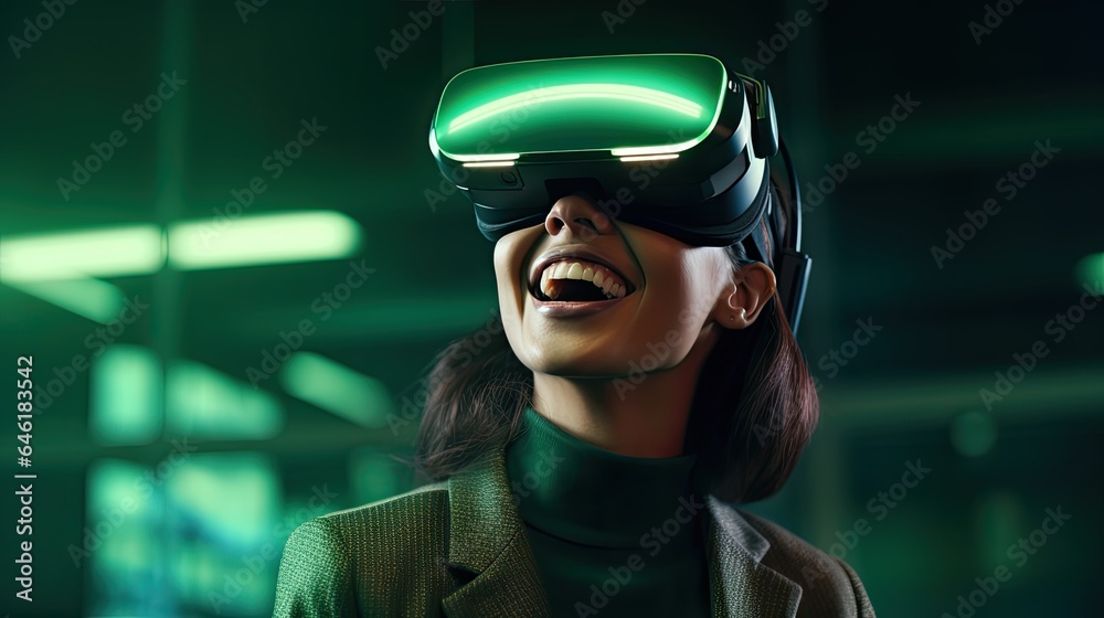 Smiling businesswoman in green sweater is wearing vr helmet. Digital interface in 3d glasses. Concept of future technology, interaction and entertainment playing game in virtual reality Smiling businesswoman in green sweater is wearing vr helmet. Digital interface in 3d glasses. Concept of future technology, interaction and entertainment playing game in virtual reality